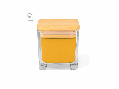 Vela aromática cuadrada en cristal con tapa de bambú · Amarillo