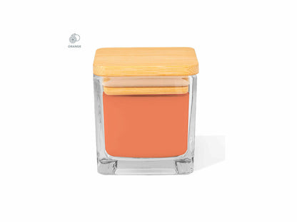 Vela aromática cuadrada en cristal con tapa de bambú · Naranja