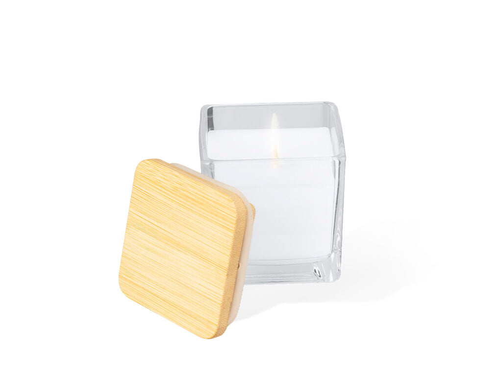 Vela aromática cuadrada en cristal con tapa de bambú