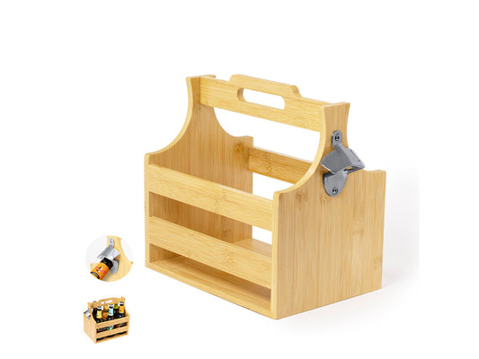 Caja portabotellas de bambú con abridor