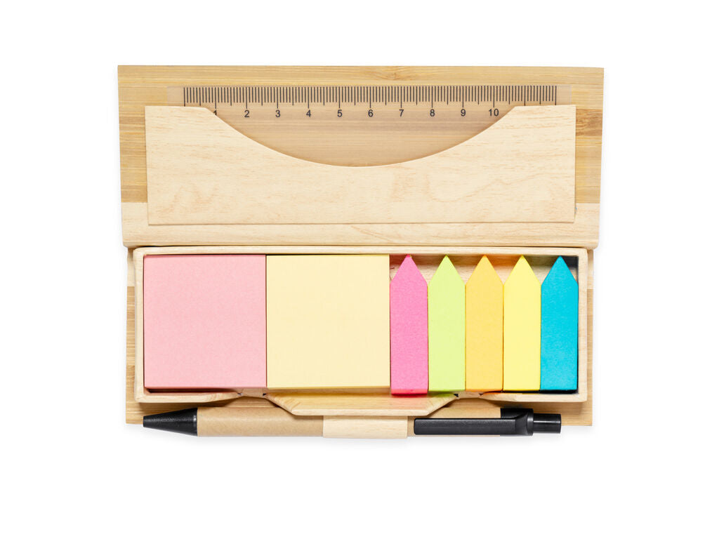 Set de oficina de bambú con notas, regla y bolígrafo