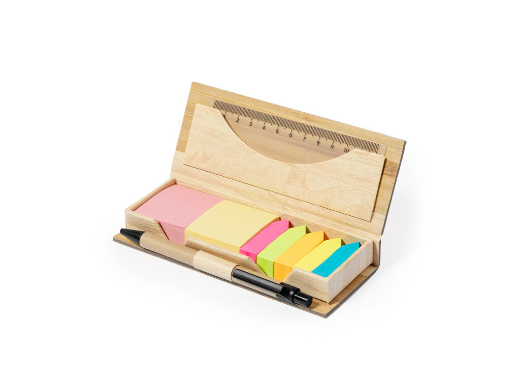 Set de oficina de bambú con notas, regla y bolígrafo