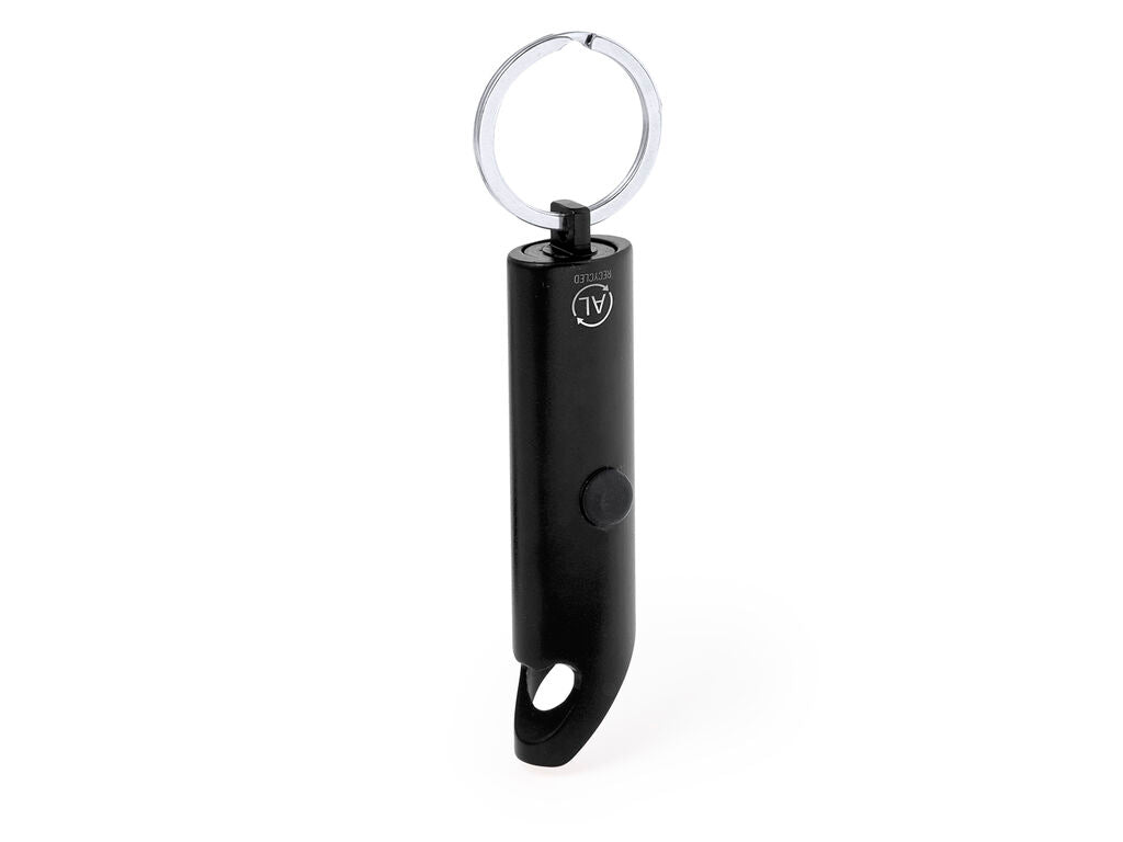 Llavero linterna y abridor de aluminio reciclado · Negro