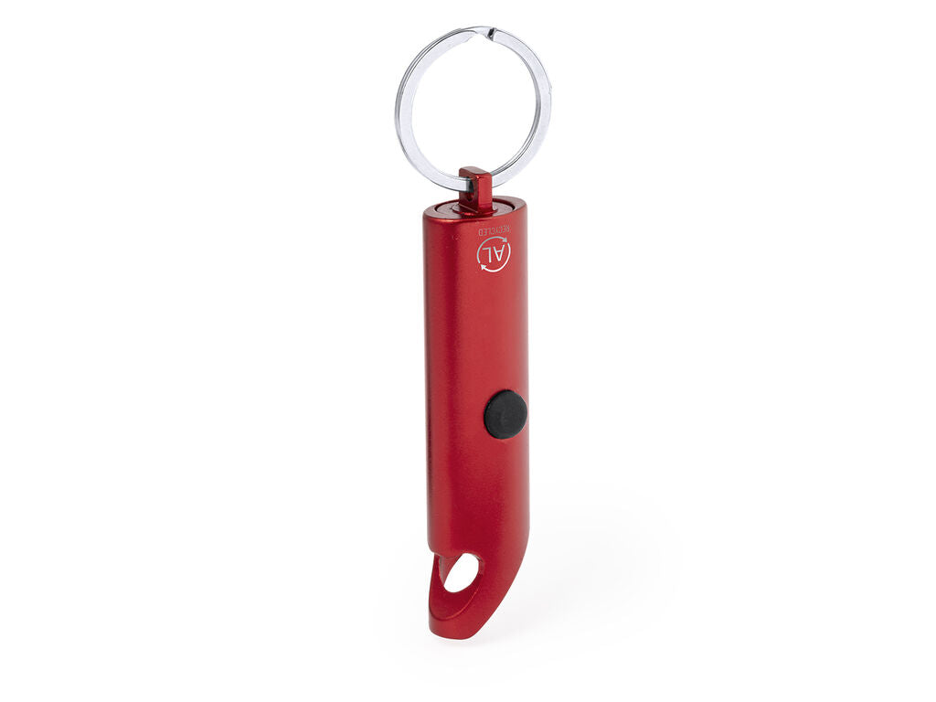 Llavero linterna y abridor de aluminio reciclado · Rojo