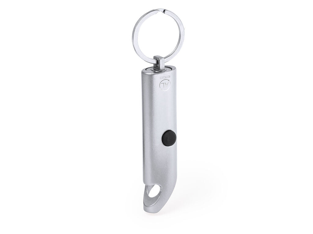 Llavero linterna y abridor de aluminio reciclado · Plateado