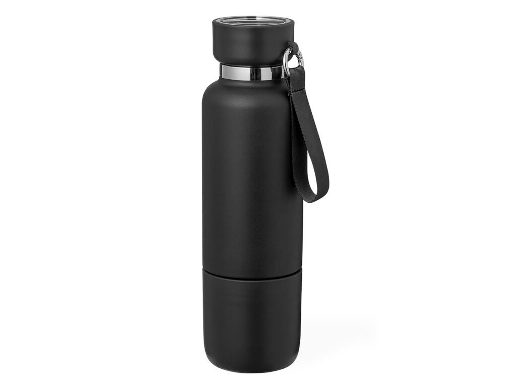 Botella térmica con vaso y dos cordones 500 ml · Negro