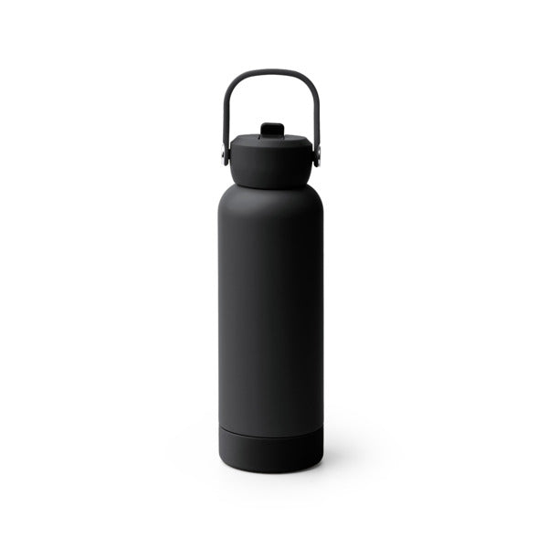 Botella térmica de acero reciclado 730 ml con pajita y asa · Negro