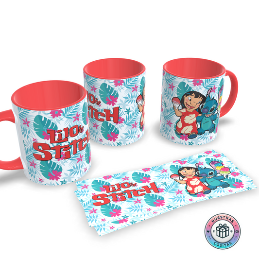 Taza Lilo & Stitch – Lilo y Stitch con helado sobre fondo floral