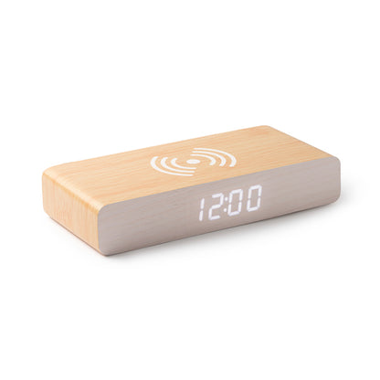 Reloj despertador de madera con cargador inalámbrico