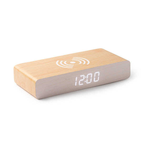 Reloj despertador de madera con cargador inalámbrico · Crudo
