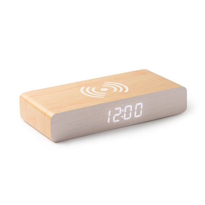 Reloj despertador de madera con cargador inalámbrico · Crudo