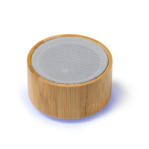 Altavoz Bluetooth redondo de bambú con radio FM