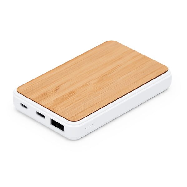 Batería externa blanca con superficie de bambú 5000 mAh