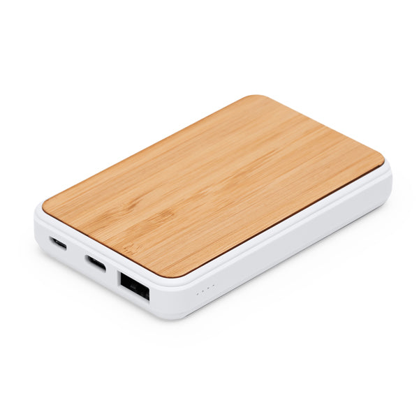 Batería externa blanca con superficie de bambú 5000 mAh · Crudo