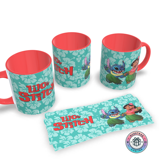 Taza Lilo & Stitch – Baile hula sobre fondo hawaiano