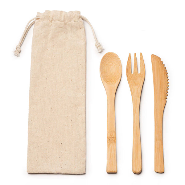 Set de cubiertos de bambú en funda de algodón