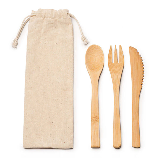 Set de cubiertos de bambú en funda de algodón