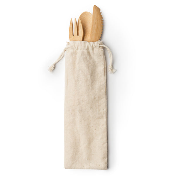 Set de cubiertos de bambú en funda de algodón · Crudo