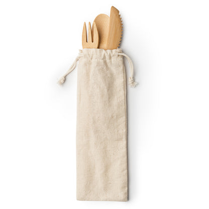Set de cubiertos de bambú en funda de algodón · Crudo