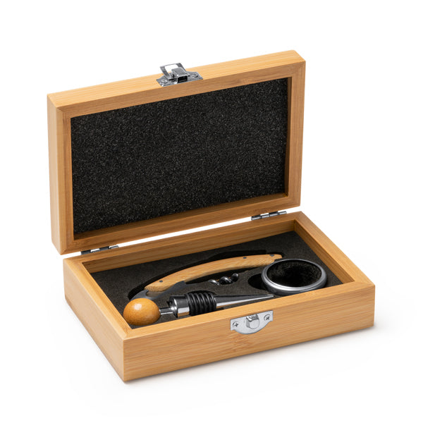 Set de vino en estuche de bambú acolchado