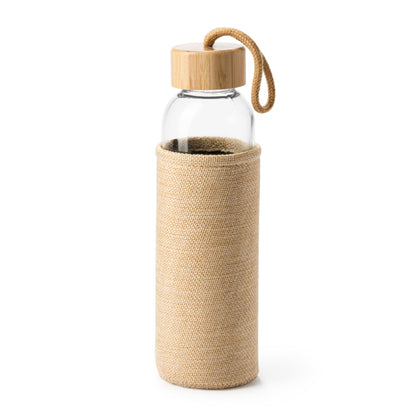 Botella de cristal con funda efecto yute y tapón de bambú