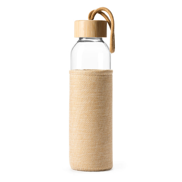 Botella de cristal con funda efecto yute y tapón de bambú · Crudo