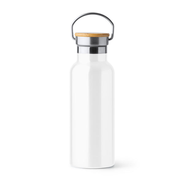 Botella térmica 500 ml con tapa de bambú y asa metálica · Blanco