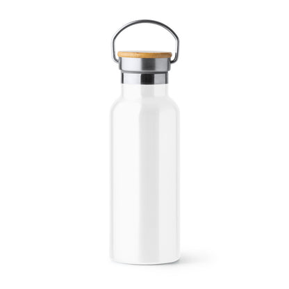 Botella térmica 500 ml con tapa de bambú y asa metálica · Blanco
