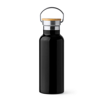 Botella térmica 500 ml con tapa de bambú y asa metálica · Negro