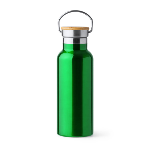 Botella térmica 500 ml con tapa de bambú y asa metálica · Verde Helecho