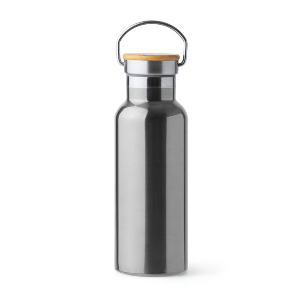 Botella térmica 500 ml con tapa de bambú y asa metálica · Plata
