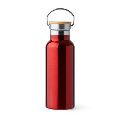 Botella térmica 500 ml con tapa de bambú y asa metálica · Rojo