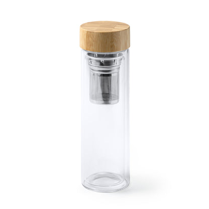 Botella de cristal con infusor de té y tapa de bambú · Transparente