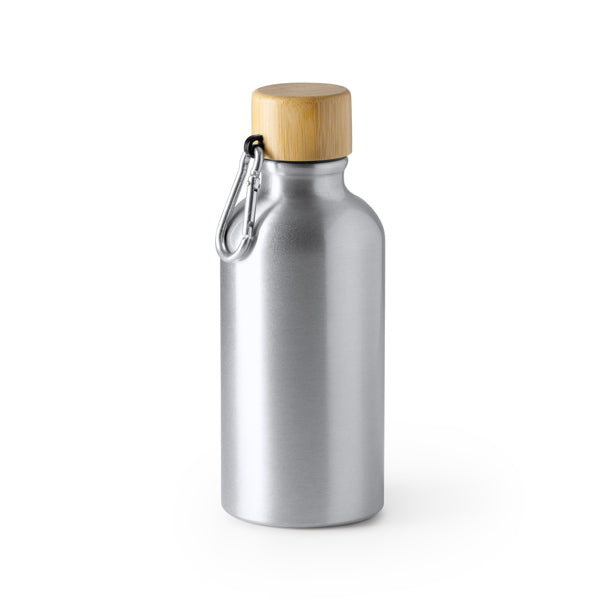 Botella de aluminio 400 ml con tapón de bambú y mosquetón