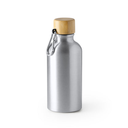 Botella de aluminio 400 ml con tapón de bambú y mosquetón