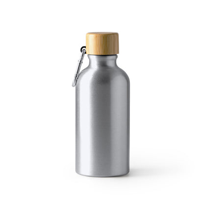 Botella de aluminio 400 ml con tapón de bambú y mosquetón · Plata