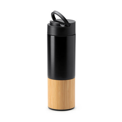 Botella térmica de acero inoxidable 450 ml con detalle de bambú · Negro