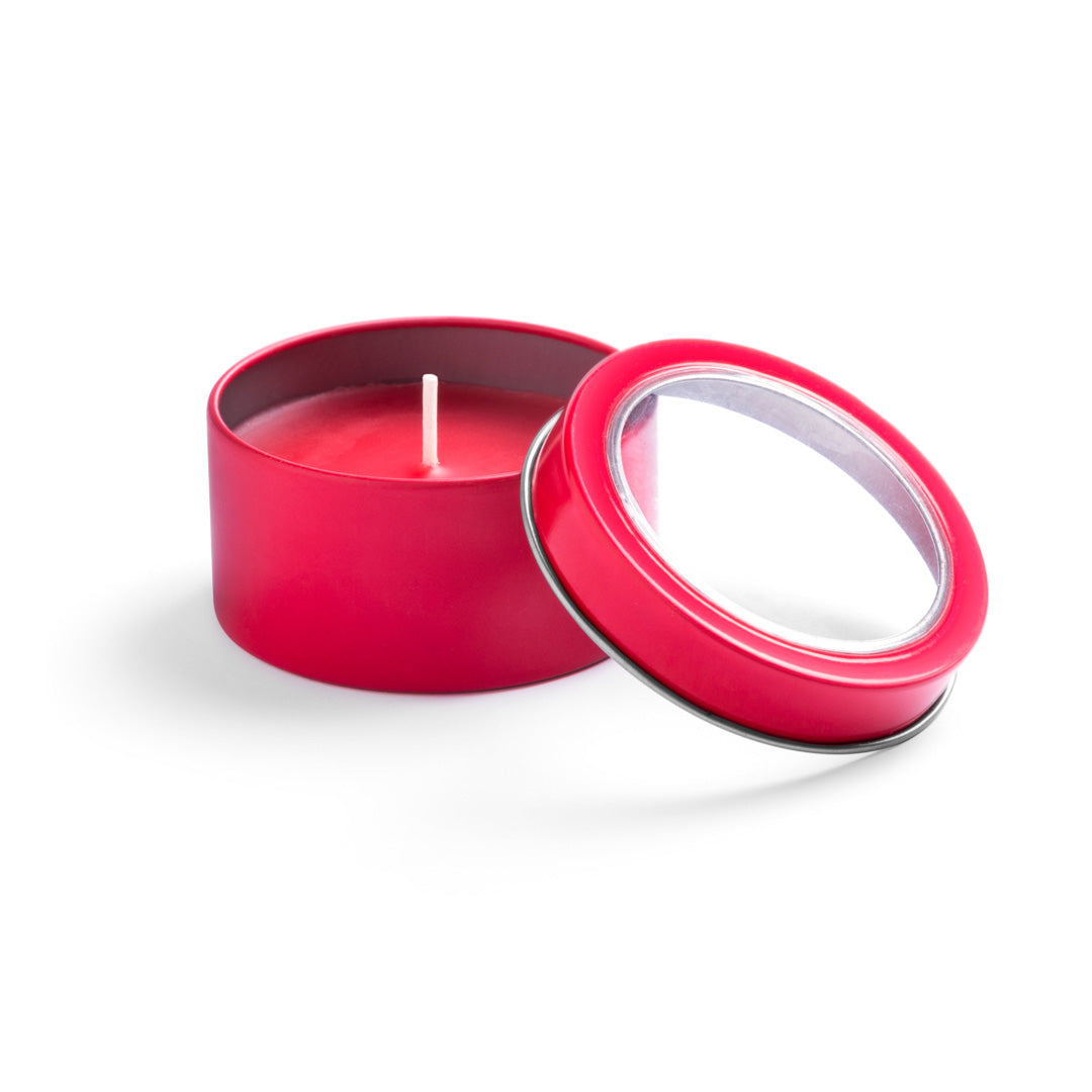 Vela de vainilla en lata con ventana · Rojo
