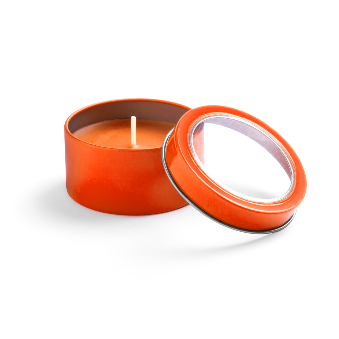 Vela de vainilla en lata con ventana · Naranja