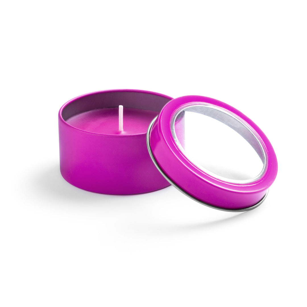 Vela de vainilla en lata con ventana · Fucsia