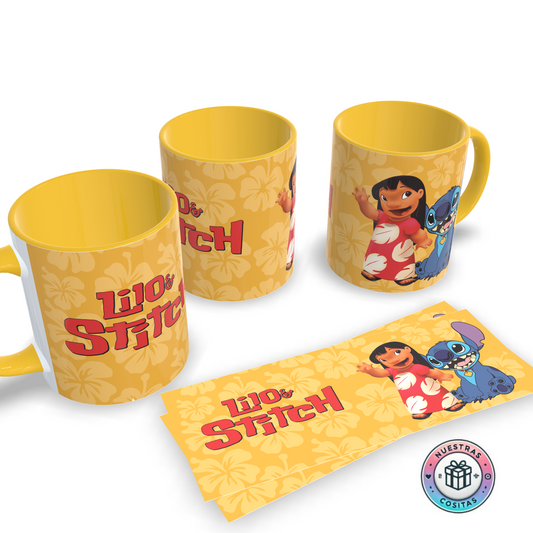 Taza Lilo & Stitch – Fondo amarillo con flores hawaianas (Copia)