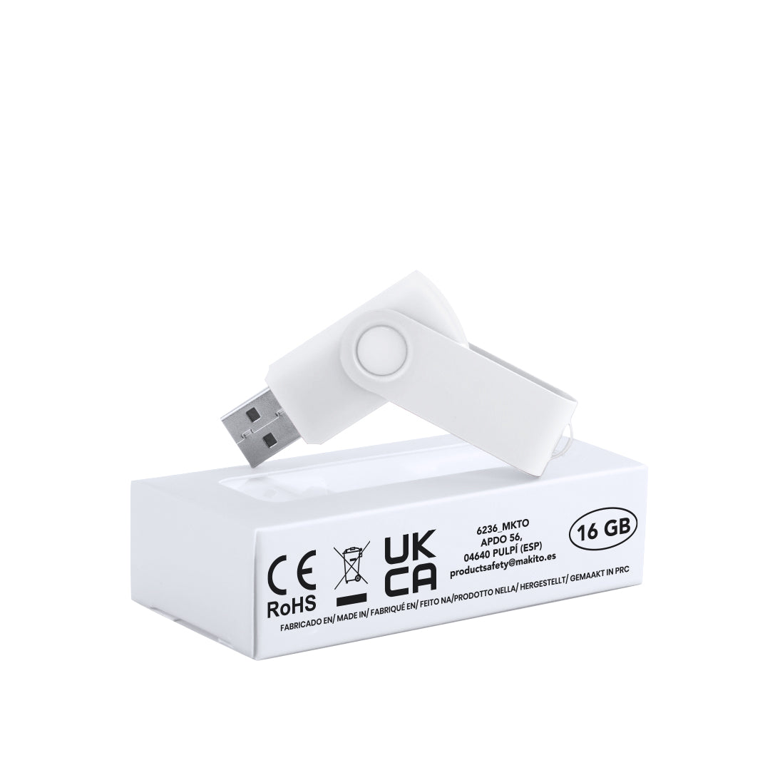 Memoria USB 16GB giratoria con clip brillante · Blanco