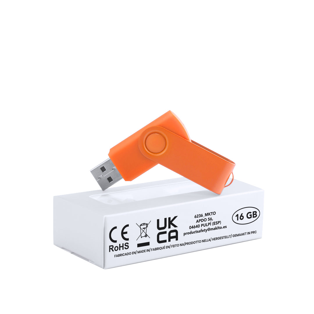 Memoria USB 16GB giratoria con clip brillante · Naranja