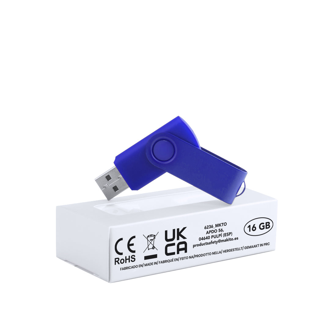 Memoria USB 16GB giratoria con clip brillante · Azul