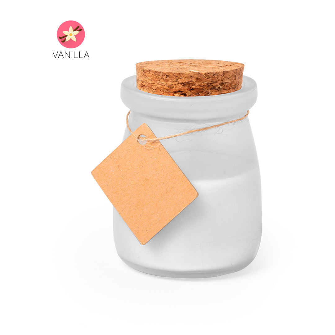 Vela en tarrito de cristal con etiqueta para mensaje · Blanco