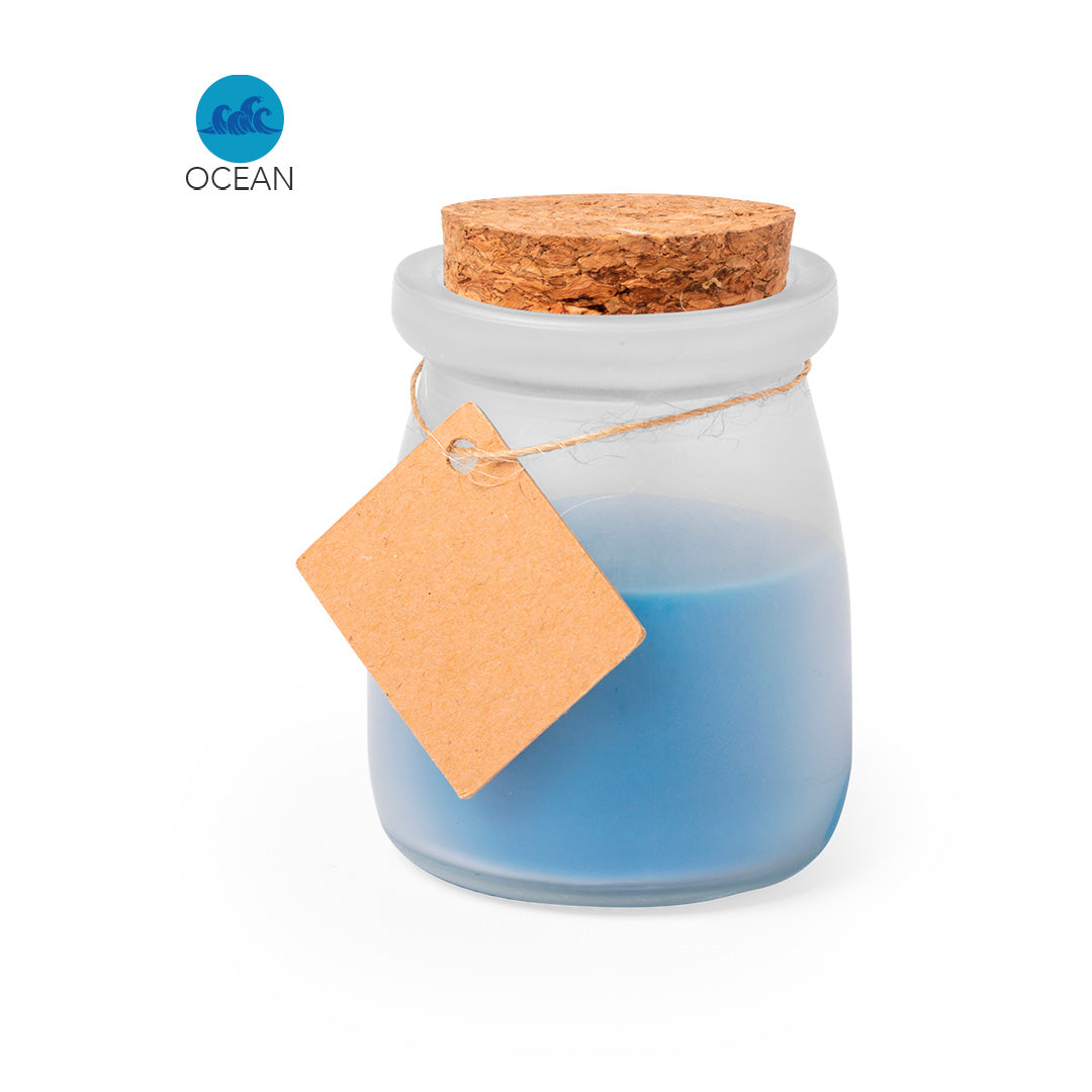 Vela en tarrito de cristal con etiqueta para mensaje · Azul