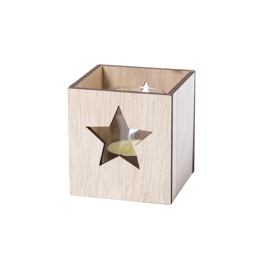 Vela navideña en caja de madera troquelada · Estrella