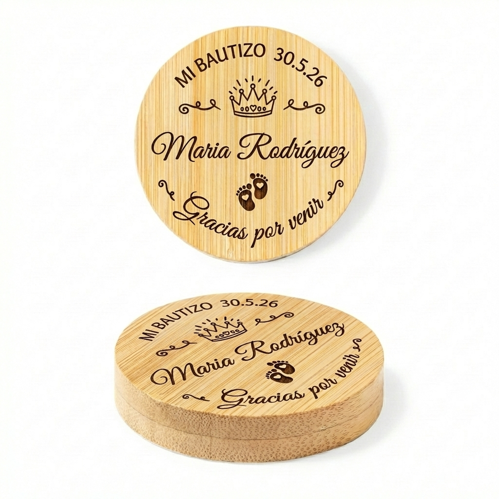 Diseño corona y pies - Abridor Magnético de Bambú Personalizado para Bautizo