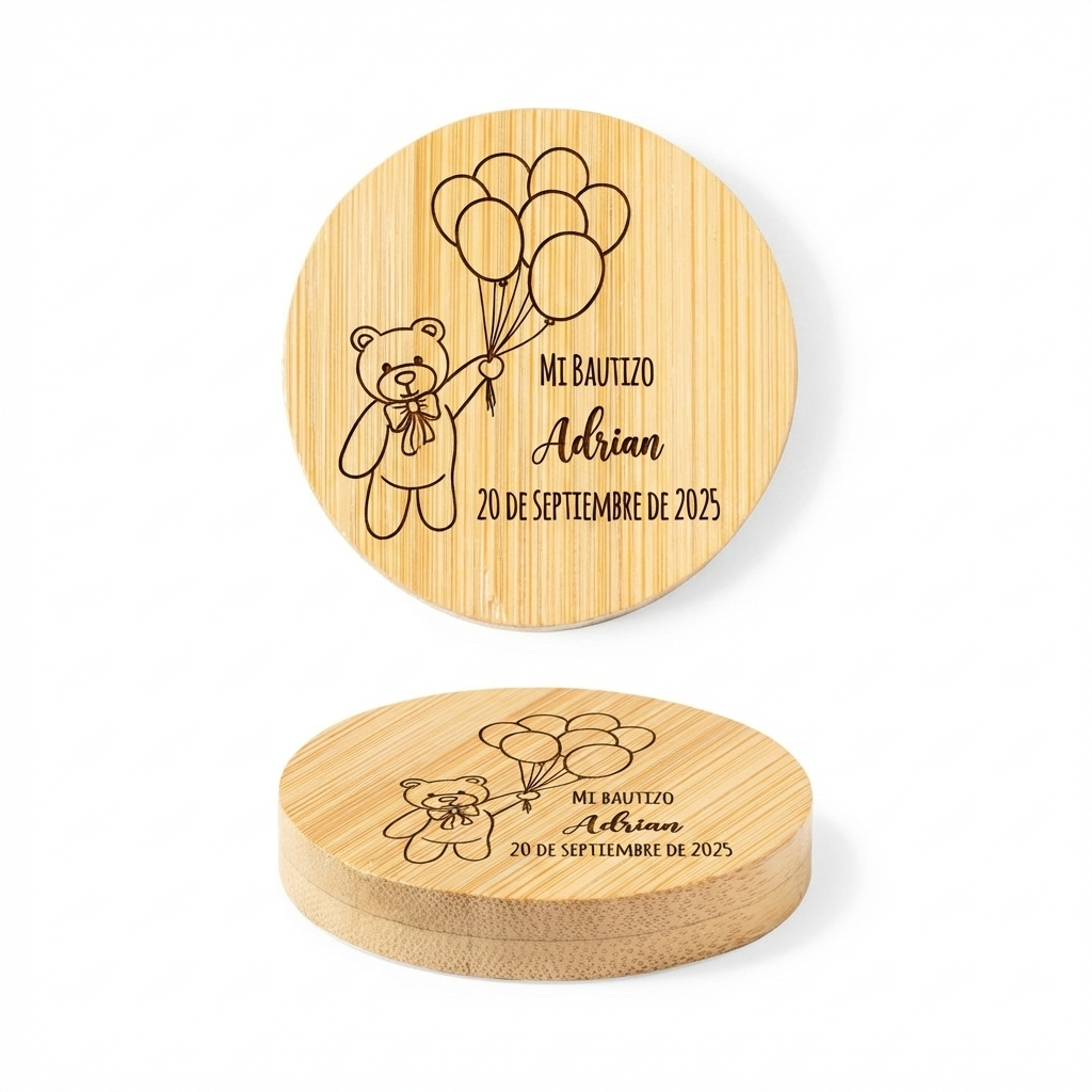 Diseño osito con globos - Abridor Magnético de Bambú Personalizado para Bautizo