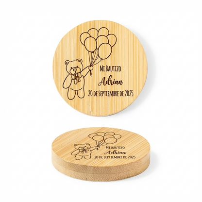 Diseño osito con globos - Abridor Magnético de Bambú Personalizado para Bautizo